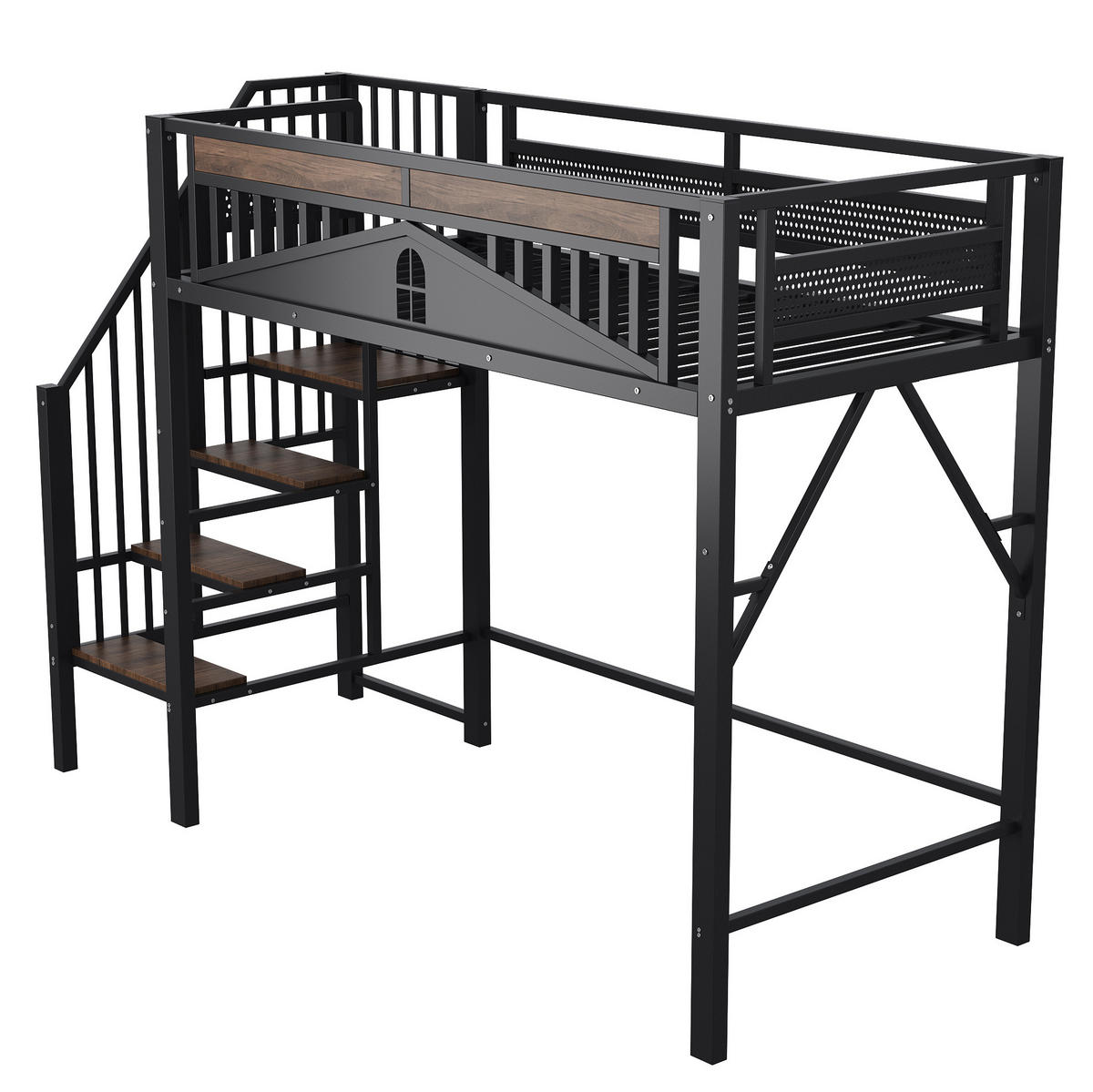 HOCHBETT 90/200 cm aus Metall mit Sicherheitsleiter, Stauraum und Fenster-Design, Schwarz - Schwarz, Metall (90/200cm) - Redom