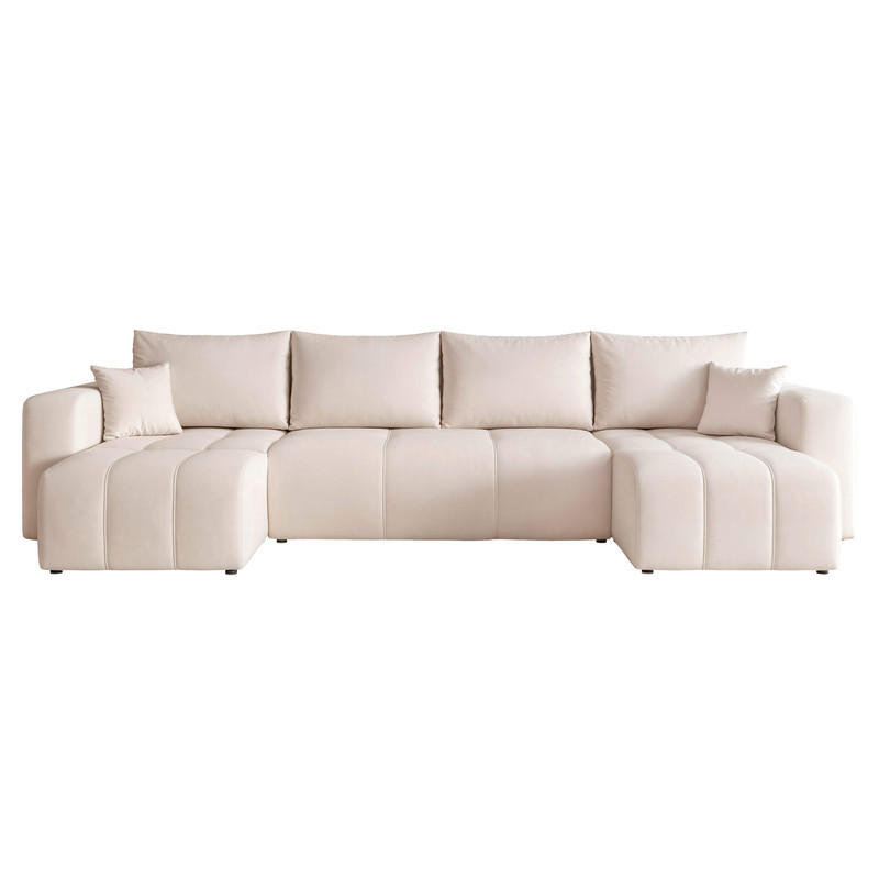 WOHNLANDSCHAFT U-Form Velours mit Bettkasten und Schlaffunktion - Creme, Holzwerkstoff/Kunststoff (318/79/145cm) - Idohome