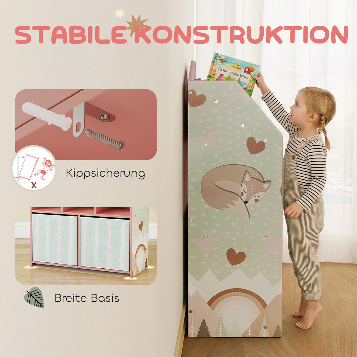 KINDER-BÜCHERREGAL MDF Vliesstoff Rosa - Rosa, Holzwerkstoff/Textil (30/91.5/62.5cm) - AIYAPLAY