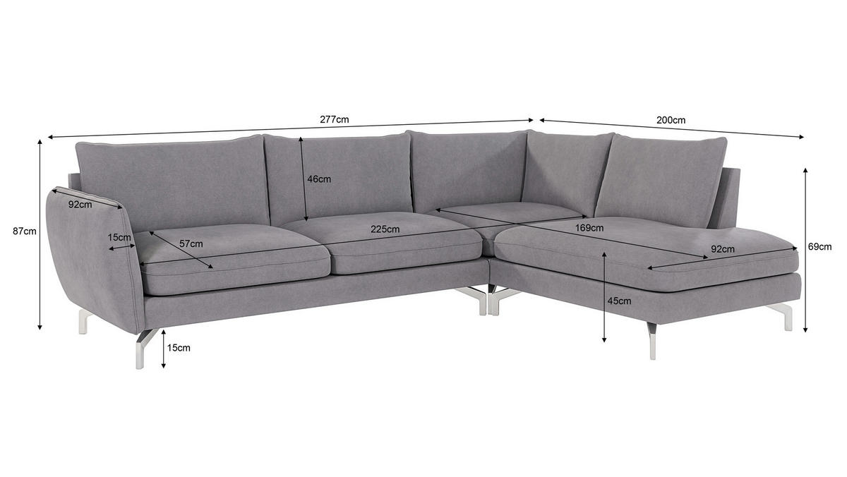 ECKSOFA Elou Grau Microfaser - Chromfarben/Grau, Holz/Textil (277/200cm) - S-Style Möbel