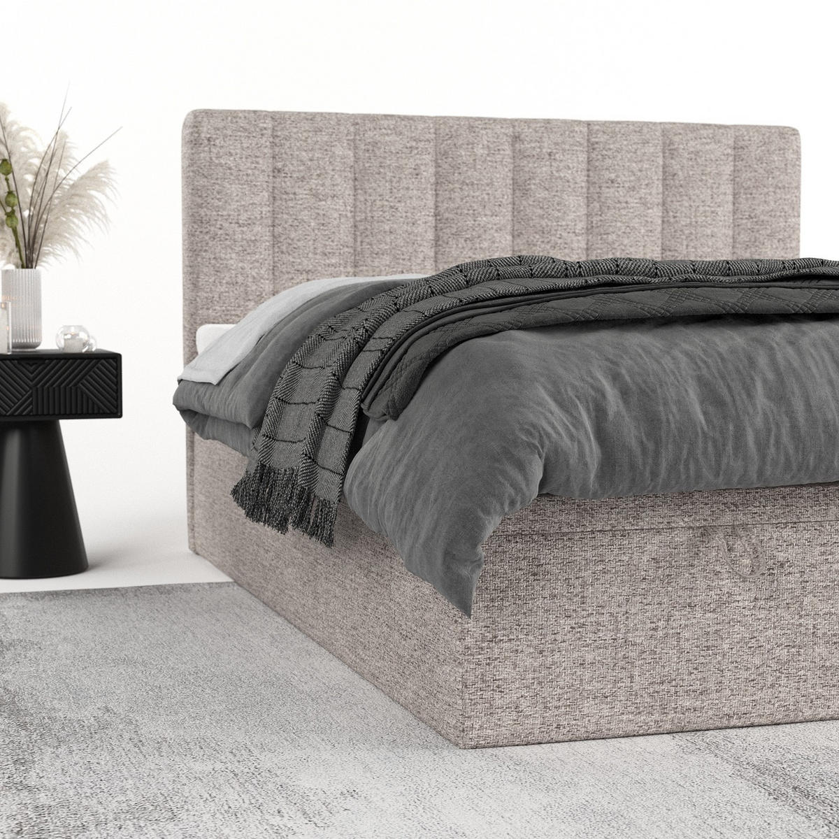 BOXBETT Lume 180/200 cm Beige im Neve Stoff - Beige/Schwarz, Holz/Holzwerkstoff (180/200cm) - AltaBeds