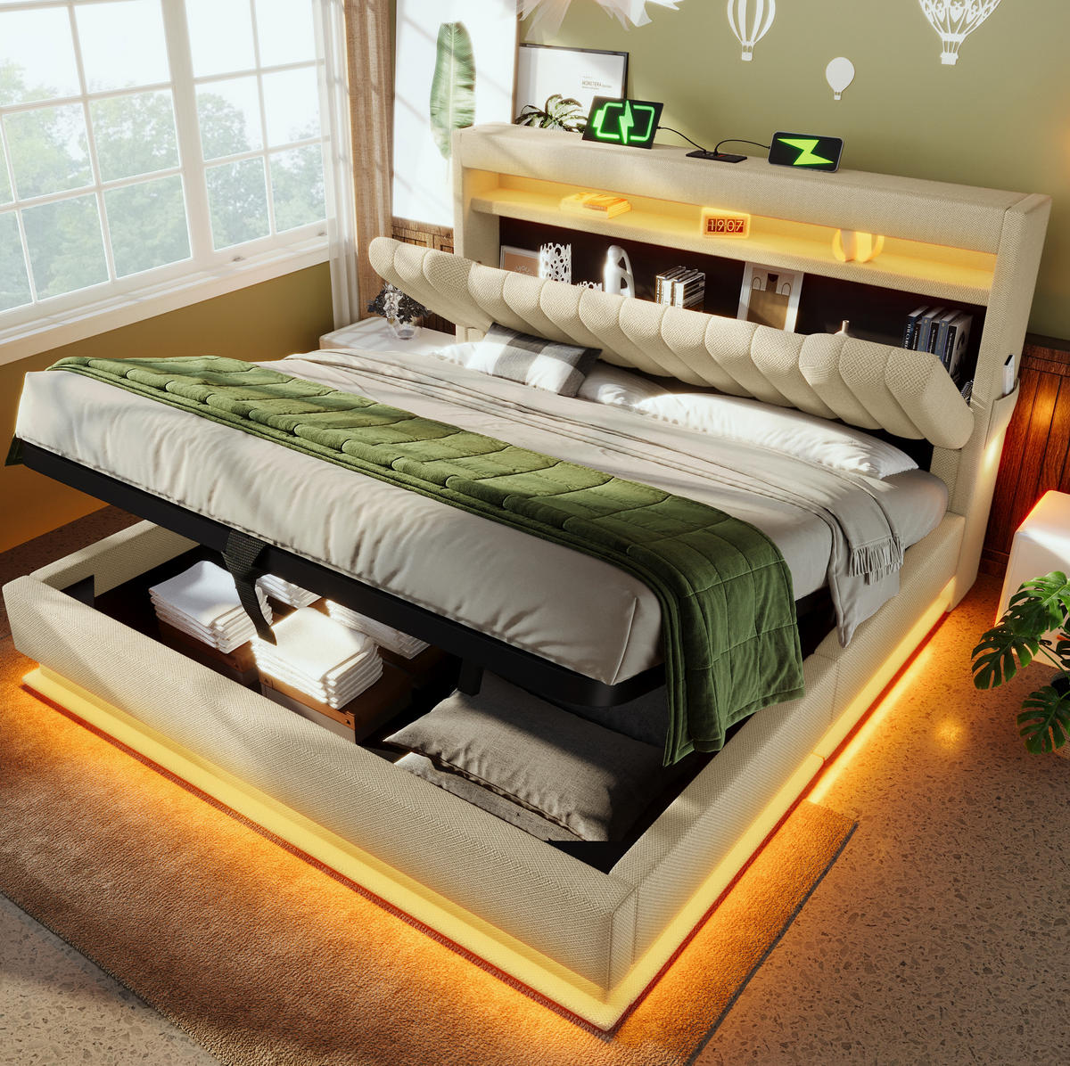 POLSTERBETT mit LED und Stauraum 140x190 cm Beige Leinen - Beige, Metall (140/190cm) - Meubliv