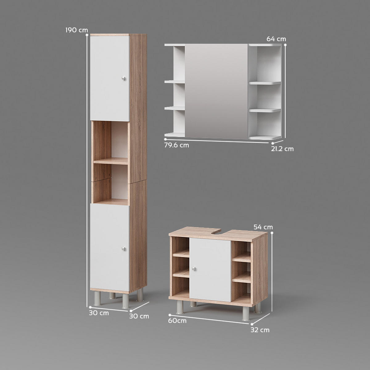 BADMÖBEL-SET Fucino Sonoma 3 Teile, mit Hochschrank - Weiß/Sonoma Eiche, Holzwerkstoff (60/54/32cm) - Livinity®
