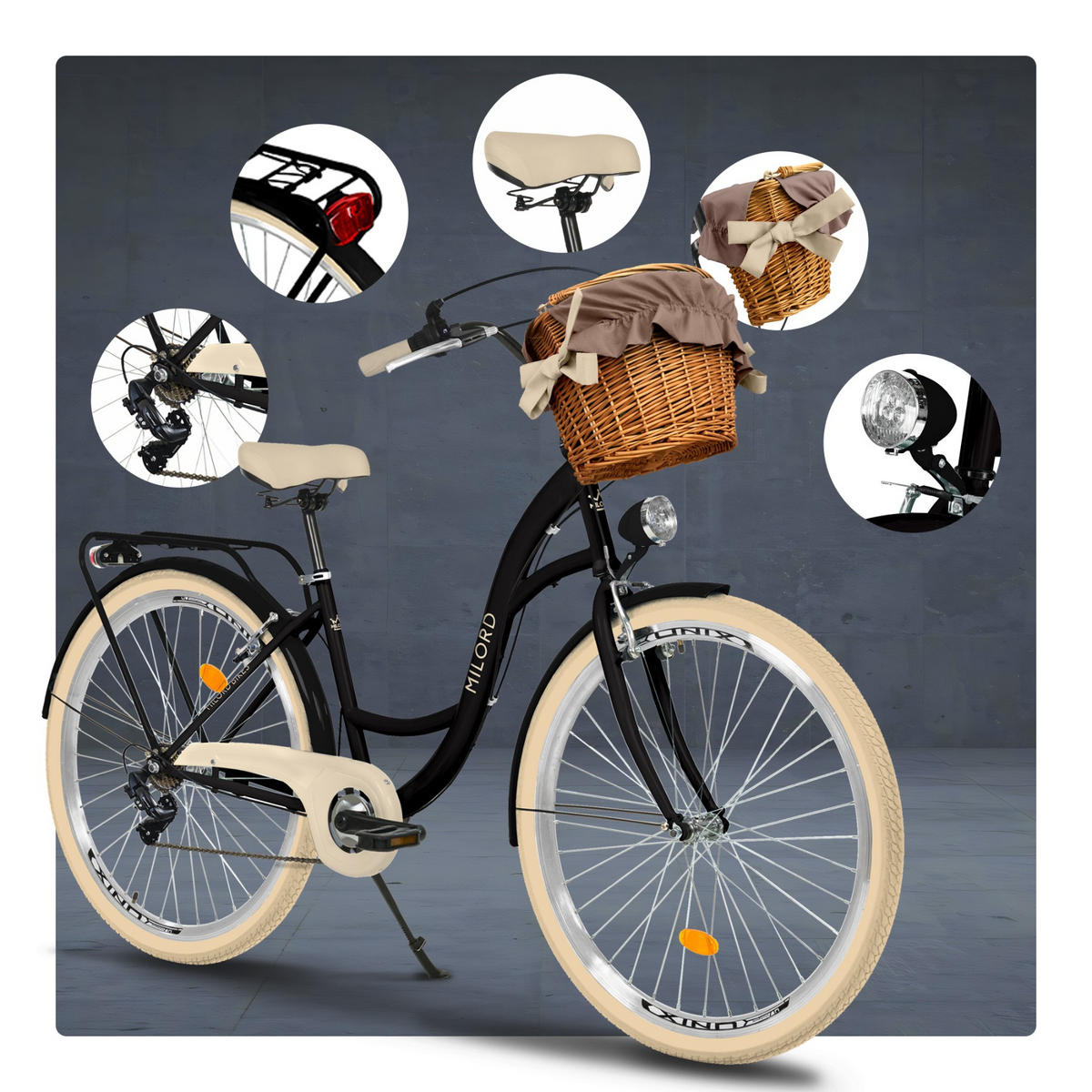 CITY-FAHRRAD Milord mit Weidenkorb, 28 Zoll, Schwarz-Creme, 7-Gang - Creme/Schwarz, Metall (46cm) - Milordbikes