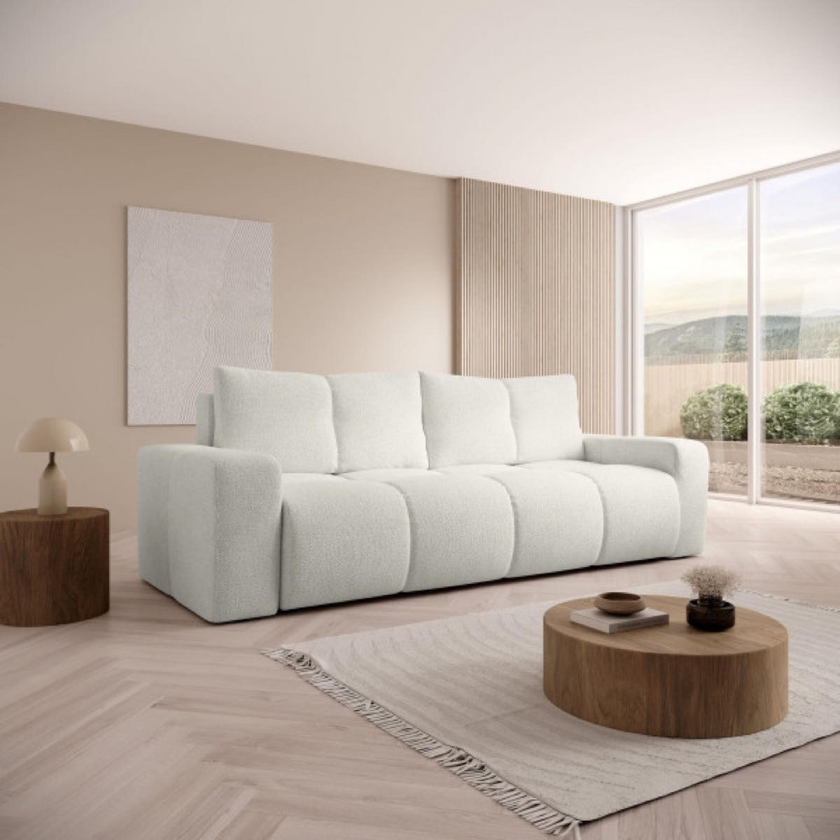 SOFA Creme SOHI Gepolstert Mit Schlaffunktion Und Bettkasten - Weiß, Textil (259/90/99cm) - Sepro Meble
