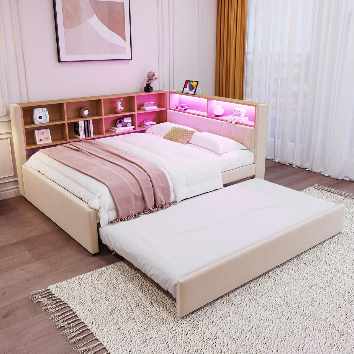 POLSTERBETT 90/140x200 Beige Flanell LED - Beige, Textil (140/200cm) - FLIEKS
