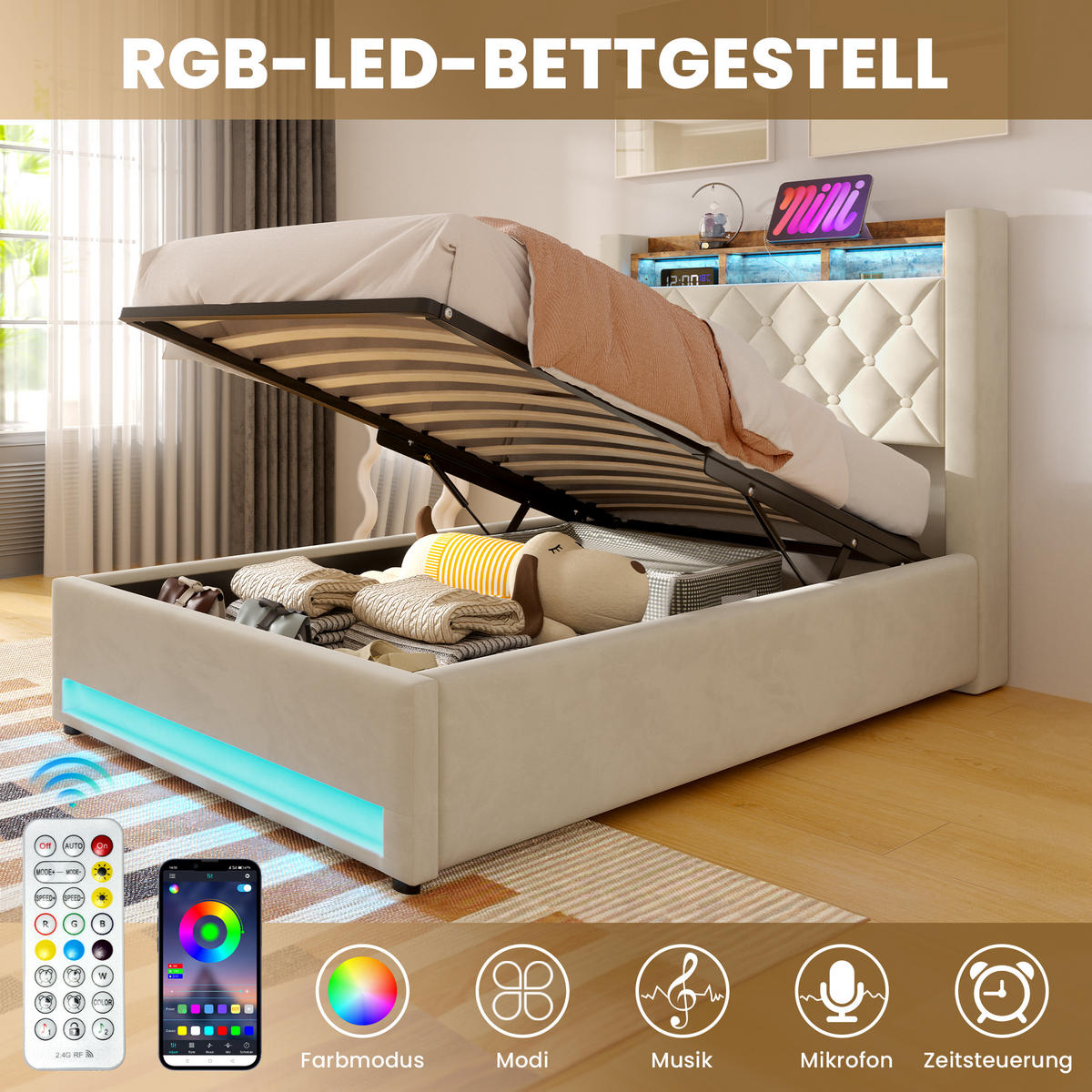 POLSTERBETT aus Samt 90x200 cm Beige mit Stauraum-Kopfteil und LED-Lichtleiste - Beige, Textil (90/200cm) - Modfu