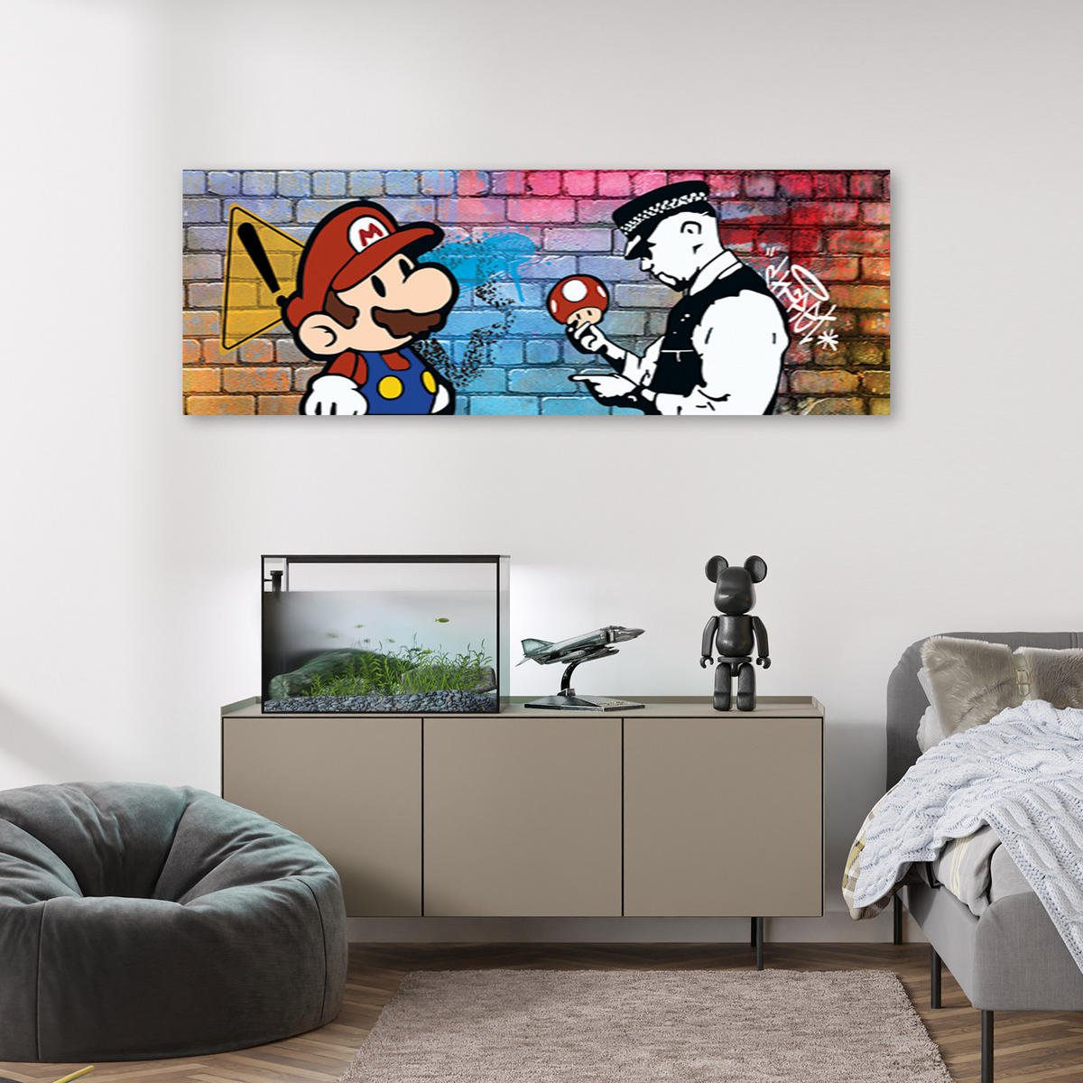 WANDBILD banksy mario und der polizist - Multicolor, Textil (90/30cm) - Feeby