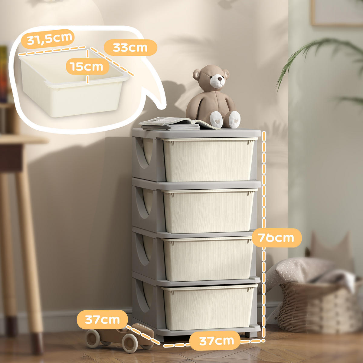 AUFBEWAHRUNGSBOXEN für Kinder, 4 große Schubladen, Kunststoff - Creme/Weiß, Kunststoff (37/76/37cm) - HOMCOM