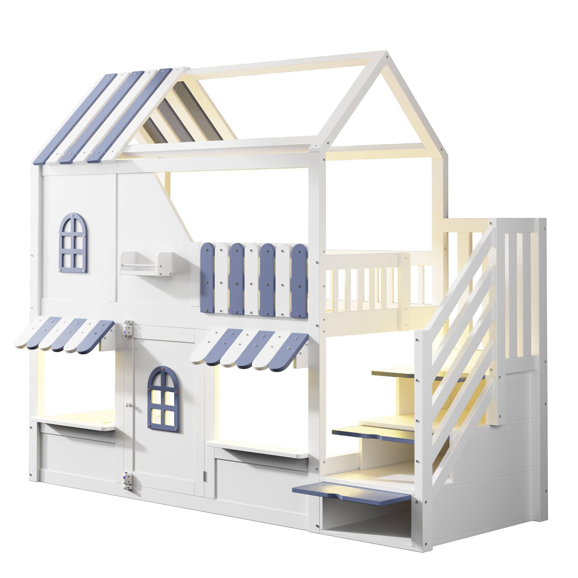 ETAGENBETT Hausdesign Weiß Blau - Blau, Holz (90/200cm) - ComfortXL