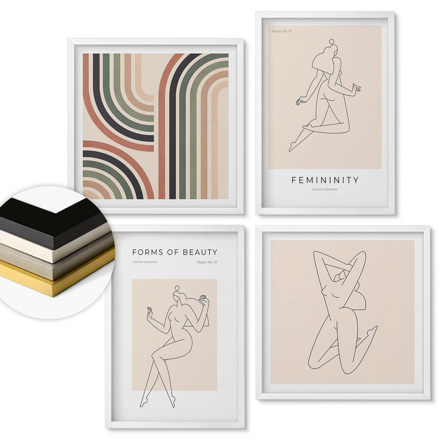 WANDBILDER 4er-Set - 50x50 cm & 40x60 cm Weißer Rahmen - Weibliche Silhouetten auf Plakaten - Weiß, Kunststoff (50/50cm) - ArtPrintCave