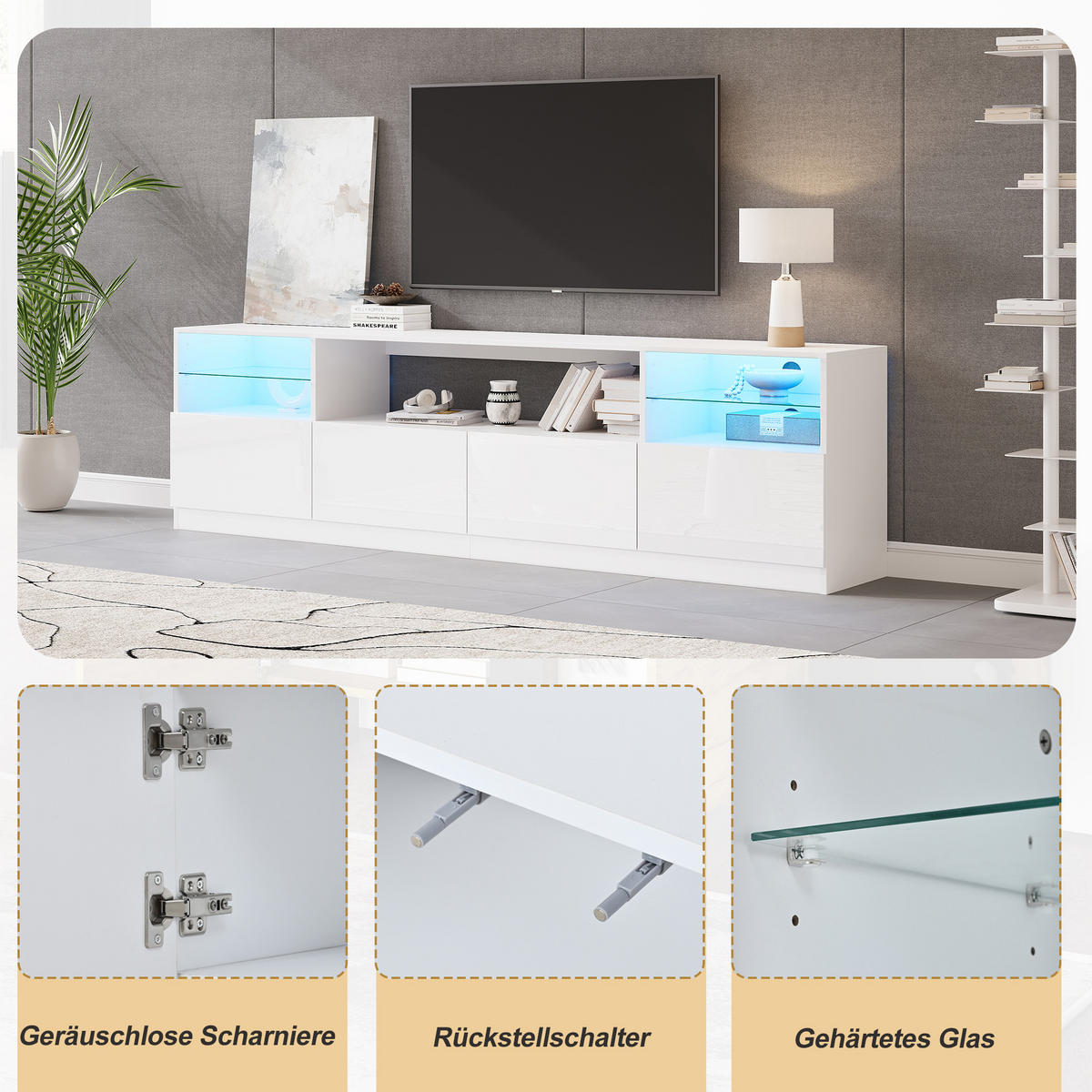 TV-SCHRANK LED Beleuchtung Hochglanz 4 Türen 8 Fächer 75 Zoll Weiß - Weiß, Holzwerkstoff (180/60/35cm) - FLIEKS
