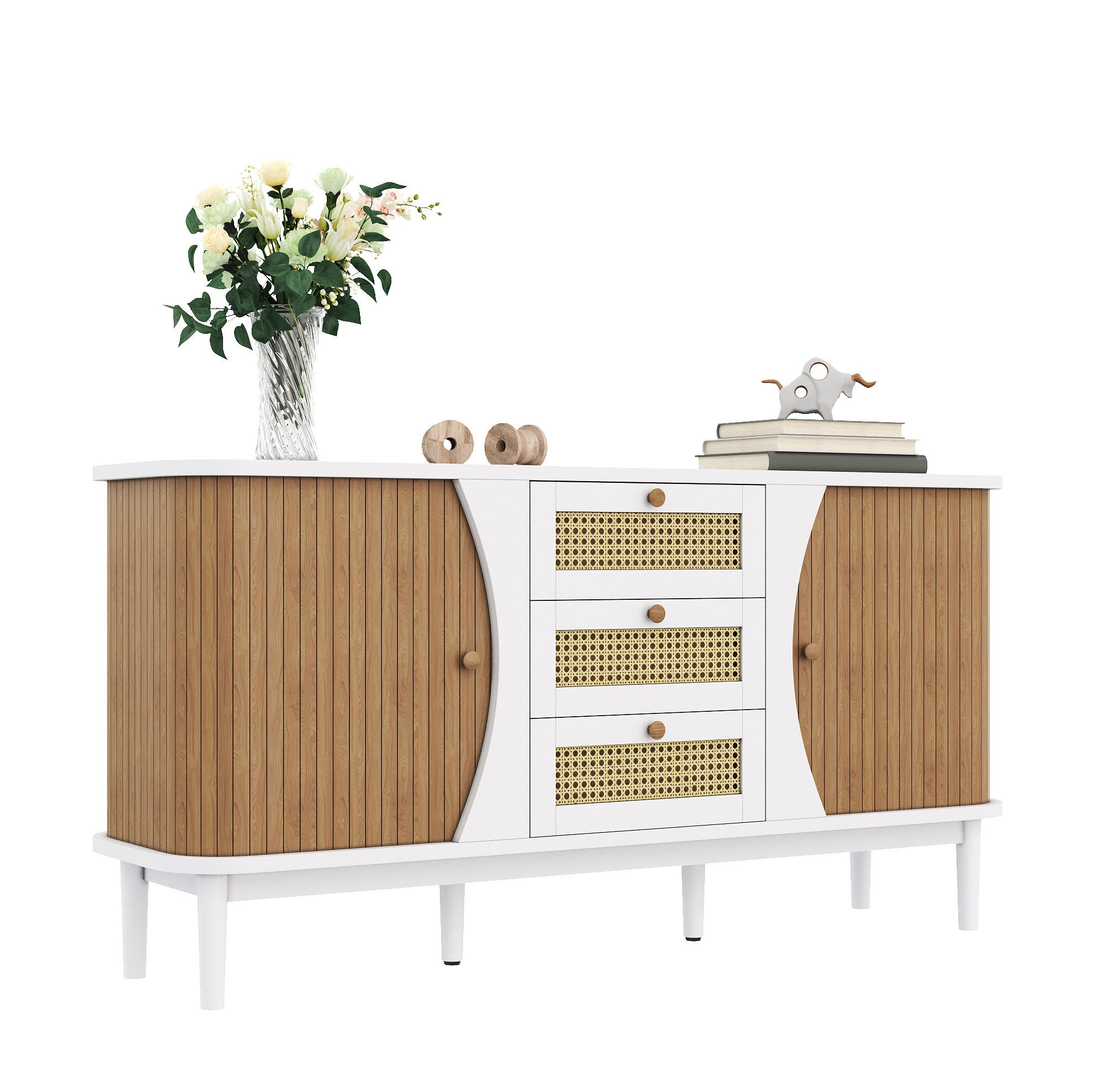 SIDEBOARD 140,5/40/76 cm mit 2 Türen & 3 Rattanschubladen in Weiß/Holzfarbe - Weiß, Holzwerkstoff (140.5/76/40cm) - BEAOK