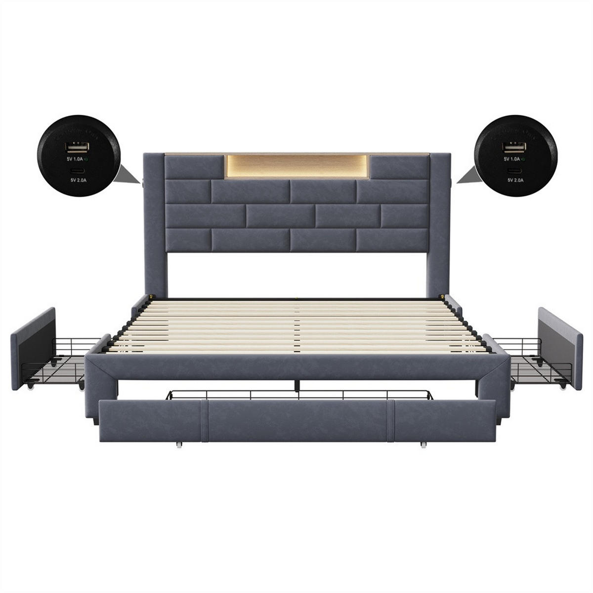 POLSTERBETT 140x200 cm - mit LED-Beleuchtung, USB/Type-C-Ladefunktion, Ablagekopfteil, Schubladen - Grau - Grau, Textil (140/200cm) - DELFA