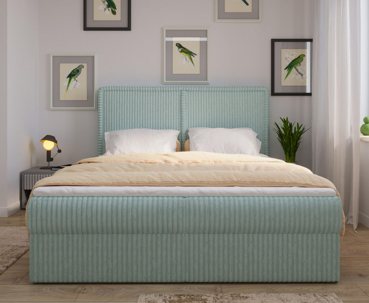BOXBETT 04 160 x 200 cm - Ambience – Modernes Polsterbett mit Bettkasten, Topper und gepolstertem Kopfteil, Stoffbezug, Stauraumbett - Mintgrün, Holz (160/200cm) - ROYAL24_MARKT