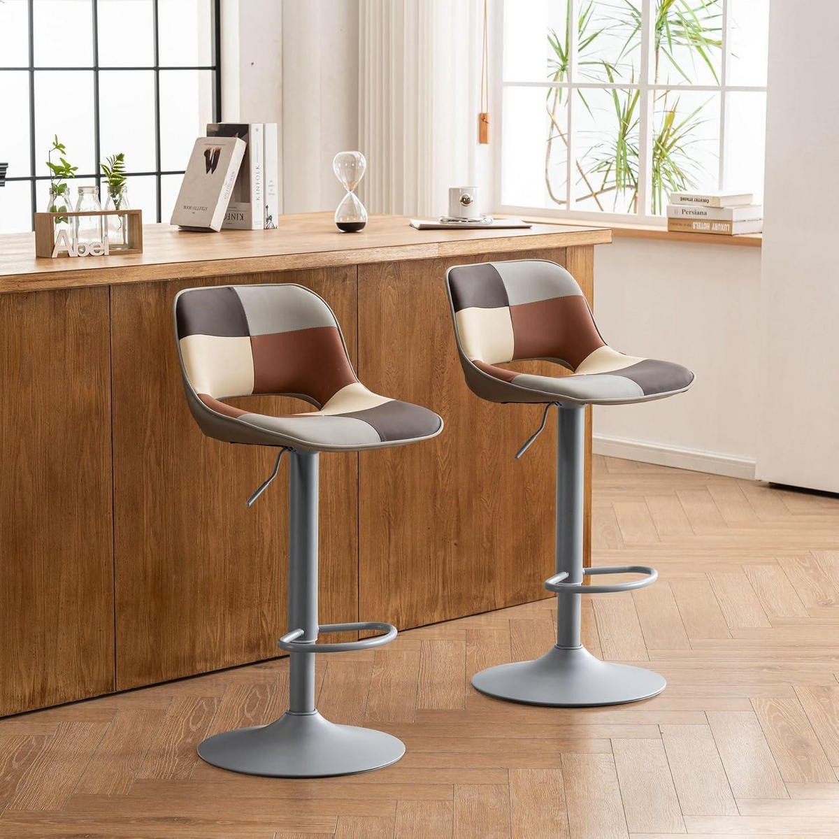 BARHOCKER 2er Set Patchwork Grau Beige Höhenverstellbar Drehstuhl - Multicolor, Leder (49/80/44cm)