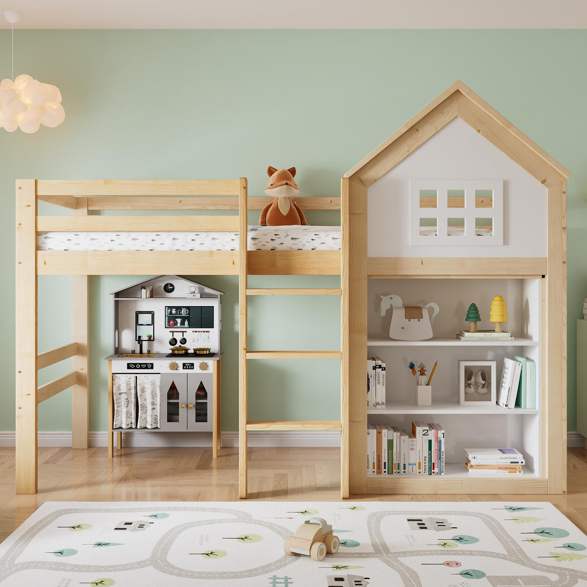 HOCHBETT 90x200 cm in Weiß+Natur mit Staufächern und Schubladen - Naturfarben, Holz (90/200cm) - KOMHTOM