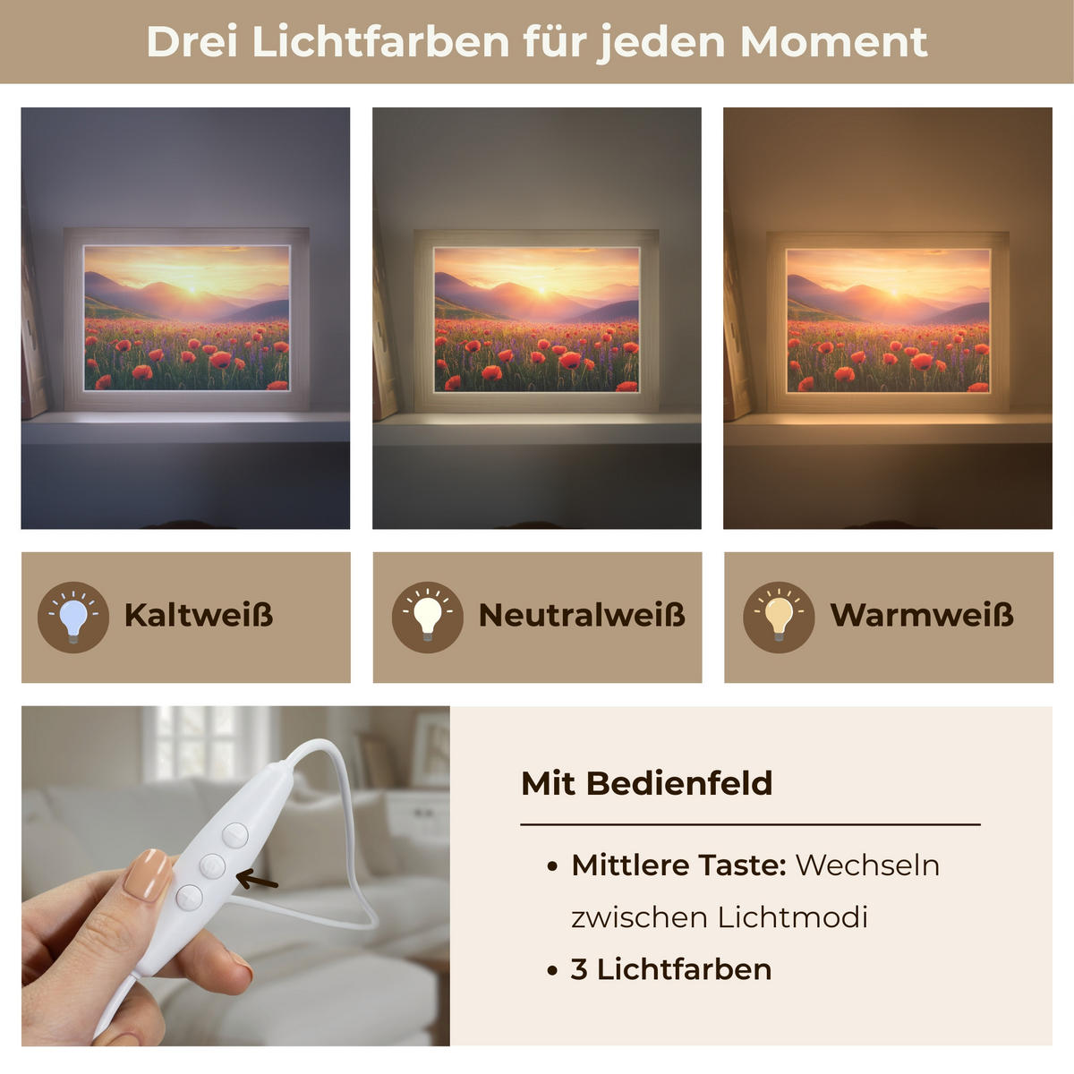 WANDLEUCHTE Landschaft - Sonnenuntergang - Blumenfeld 20x15 cm - Rot, Holzwerkstoff (20/15/8cm) - OnlyWow
