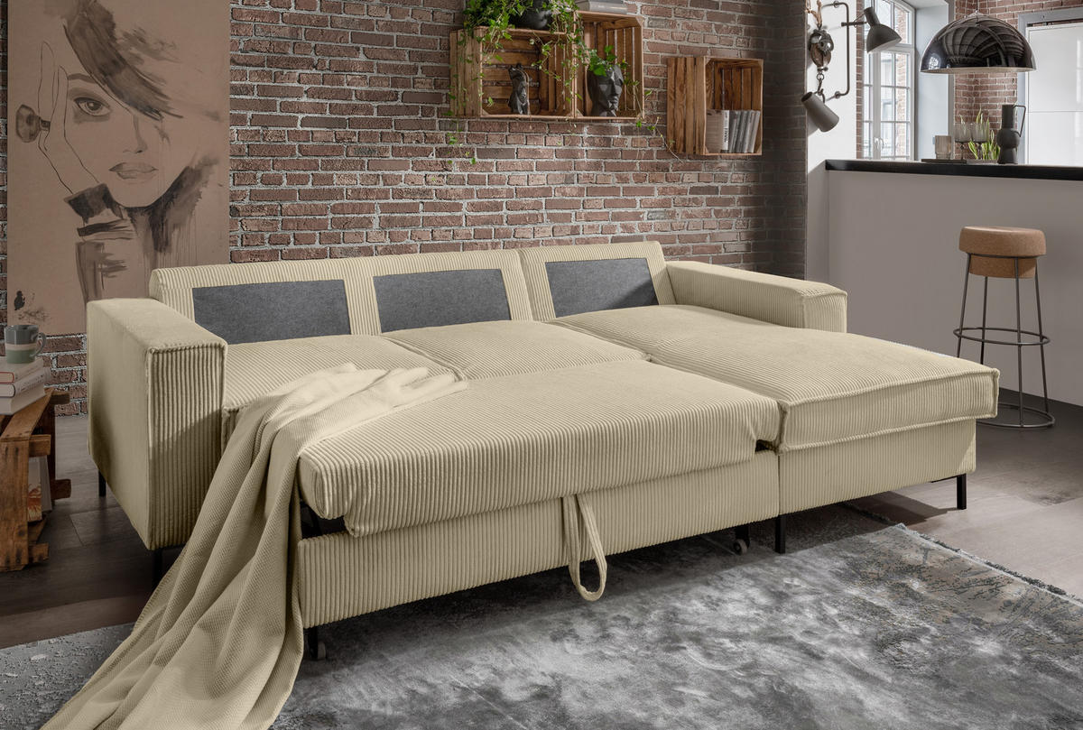 ECKSOFA mit Schlaffunktion, Bettkasten, Wellenunterfederung, Récamiere rechts B240/T150/H92 cm, Liegefl. 125x198 cm, Cord Beige Grau / 17220 - Greige/Beige, Textil/Metall (240/150cm) - luma-home