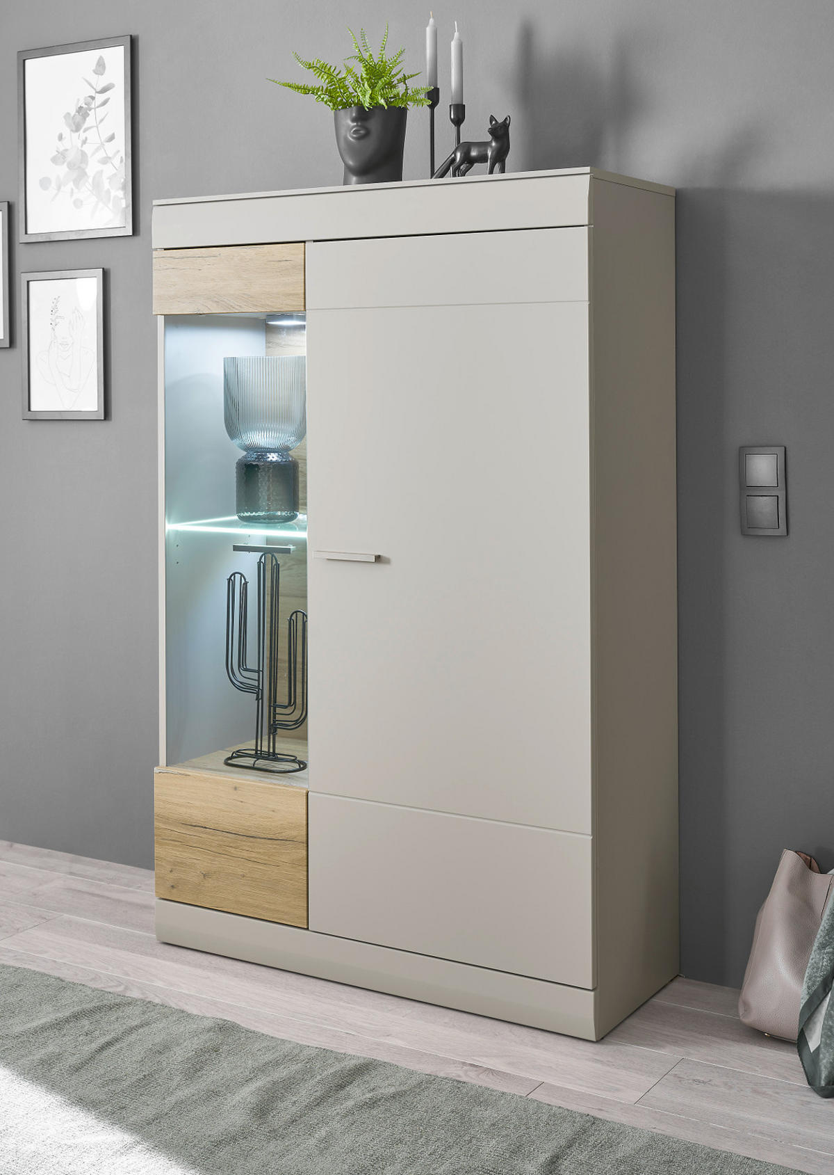 VITRINE grau matt, Zinneiche 90 cm, Vitrinenschrank mit Soft-Close-Funktion - Eichefarben/Silberfarben, Glas/Holzwerkstoff (90/139/35cm) - Furn.Design