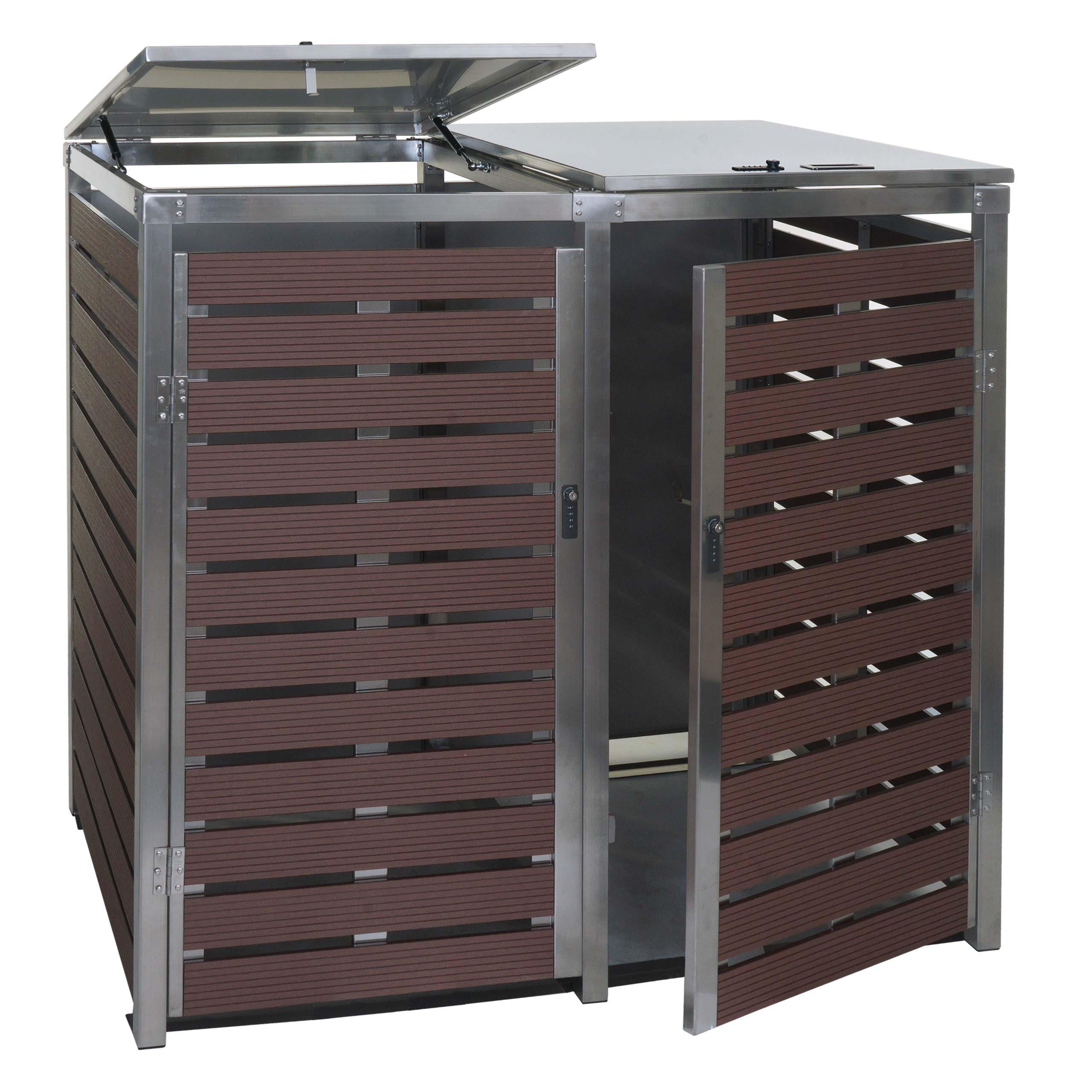 MÜLLTONNENBOX 2er HxBxT 119x134x84cm Walnuss-Holzoptik WPC Edelstahl 78kg - Braun, Metall (134/119/84cm) - PROREGAL