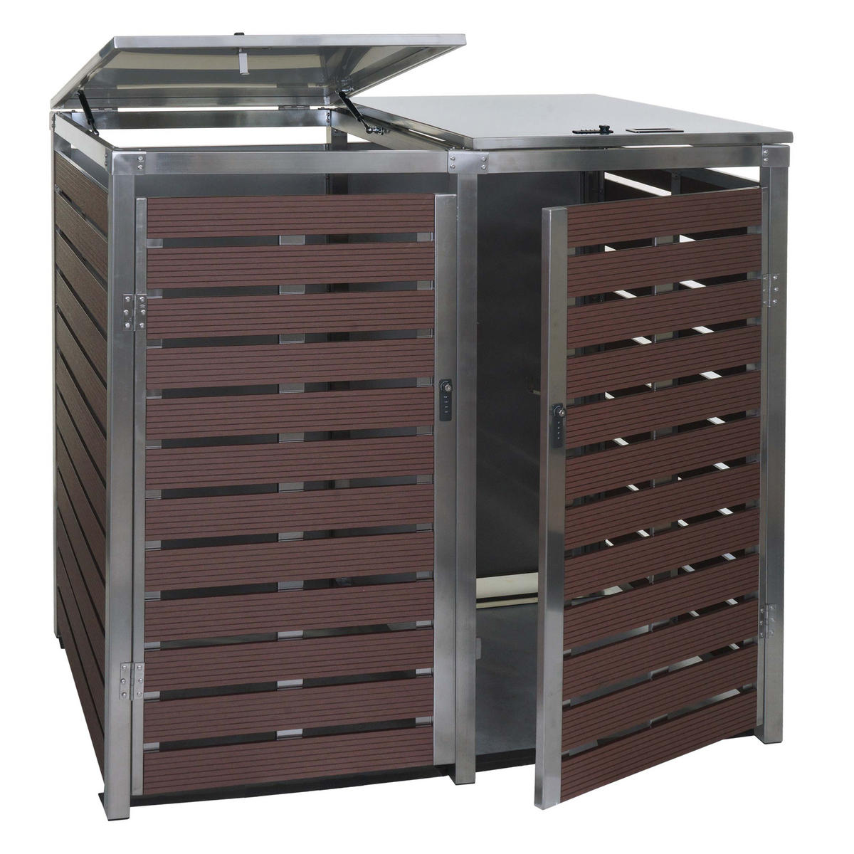 MÜLLTONNENBOX XL 2er/4er HxBxT 117x144x102cm Walnuss-Holzoptik WPC Edelstahl 88kg - Braun, Metall (144/117/102cm) - PROREGAL