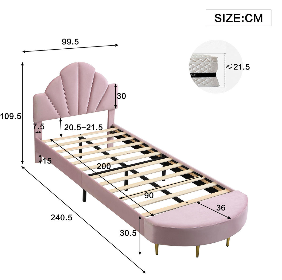 POLSTERBETT mit Bettbank 90x200 cm Samt Rosa - Pink, Metall (90/200cm) - Meubliv