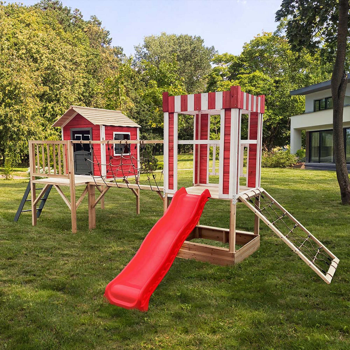SPIELPARK WUNDERLAND - Rot, inkl. Rutsche - Rot, Holz (555/215/340cm) - Home Deluxe