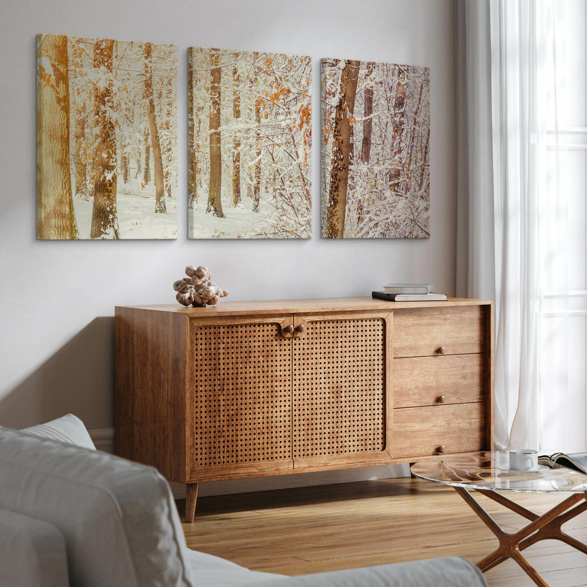 LEINWANDBILDER 3-es Set Wald Bäume 3D - Beige/Weiß, Textil (90/40cm) - Muralo