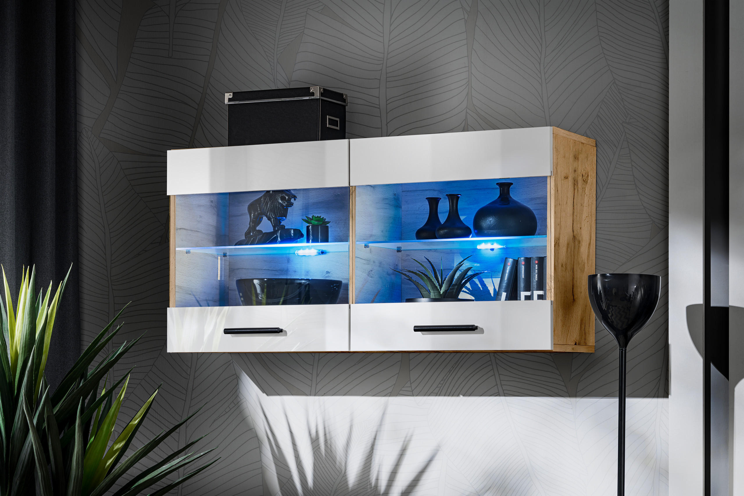 HÄNGEVITRINE SAVONA, Weiss, LED Blau - Eiche Wotan/Schwarz, Glas/Holzwerkstoff (100/50/27.2cm) - Komodee
