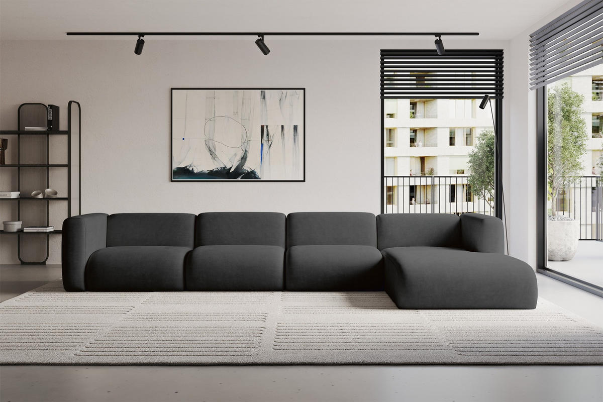 ECKSOFA Ottomane Rechts MIRA-L3 409x179x70 Schwarz Velours - Anthrazit/Schwarz, Holzwerkstoff/Kunststoff (409/179cm) - ALTDECOR