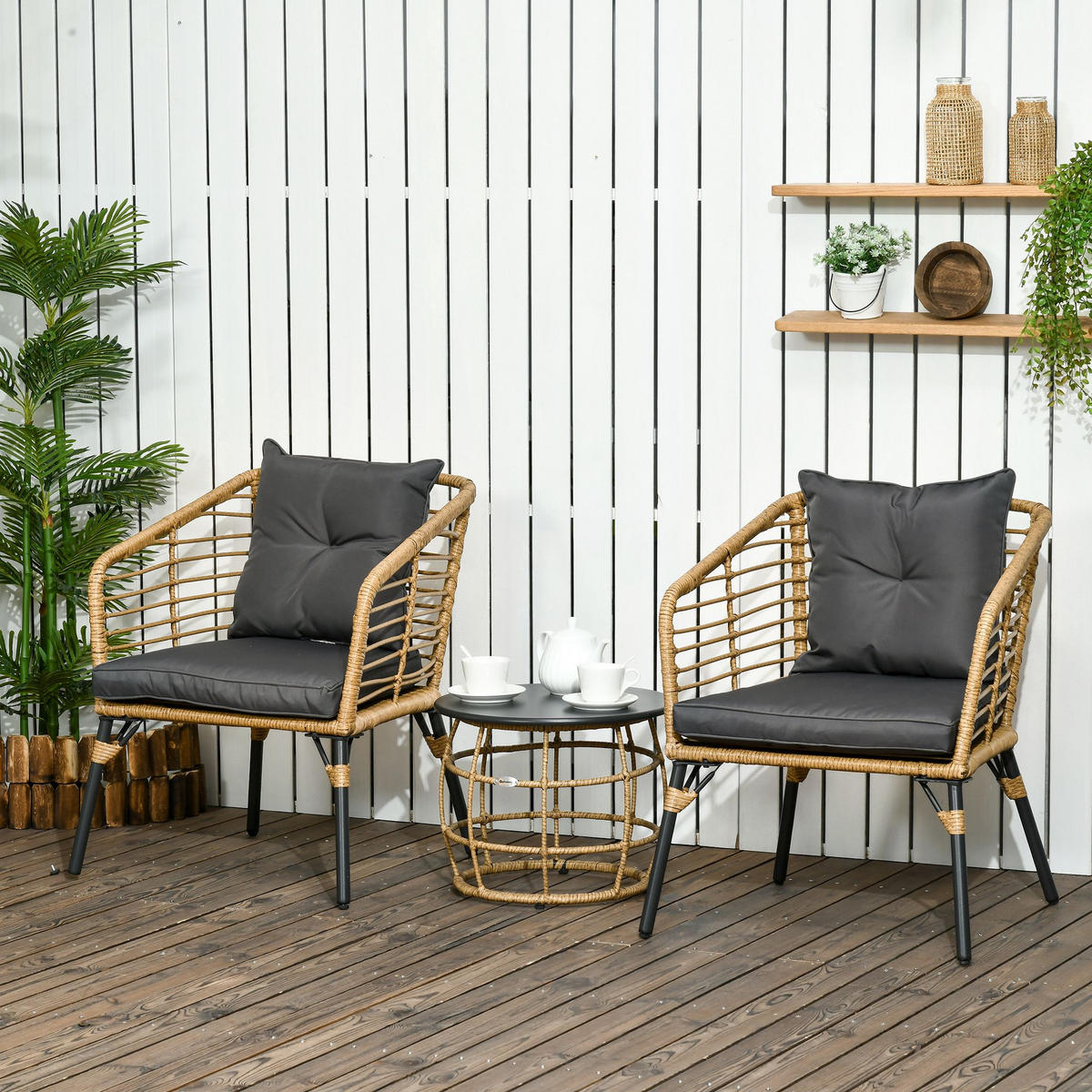 BISTRO-SET DE-06693 wetterbeständig mit 2 Stühlen & Tisch Sand/Dunkelgrau - Sandfarben/Dunkelgrau, Kunststoff/Metall - ComfortXL