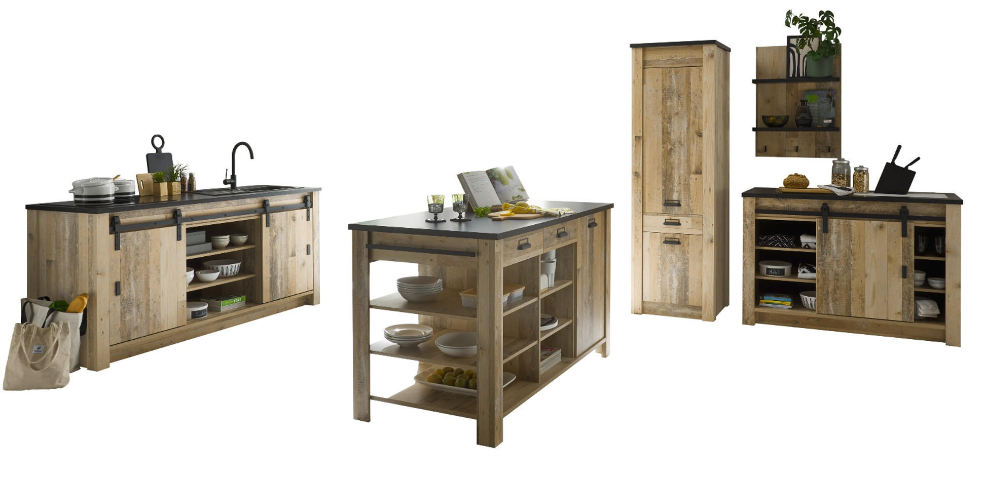 KÜCHEN-SET Used Wood hell, anthrazit, Küchenschrank Set 5-teilig mit Kochinsel - Anthrazit/Schwarz, Glas/Holzwerkstoff (201/201/64cm) - Furn.Design