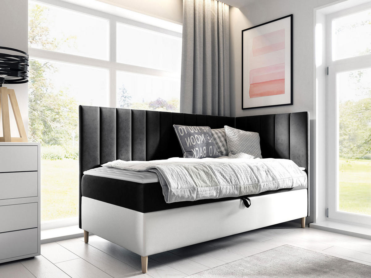 BOXBETT Maja Junior 3, Seite zum Öffnen des Bettkastens: Rechts - Schwarz/Weiß, Holz (100/200cm) - MIRJAN24