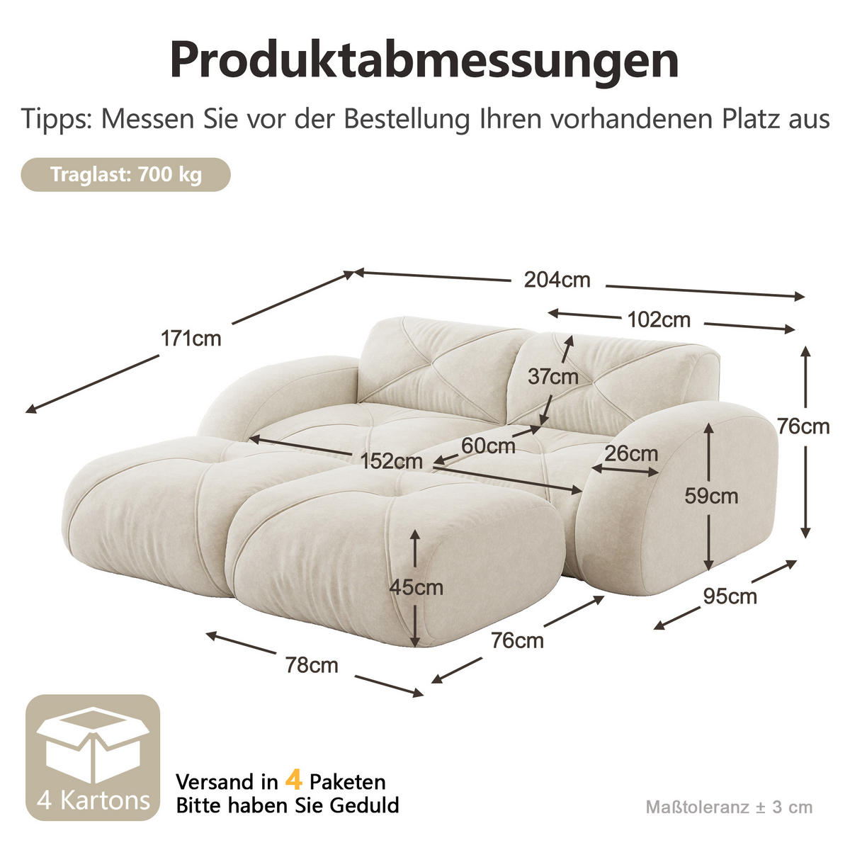 2-SITZER-SOFA DE-34276 mit 2 Hockern Beige - Beige, Textil (171/76/204cm) - ComfortXL