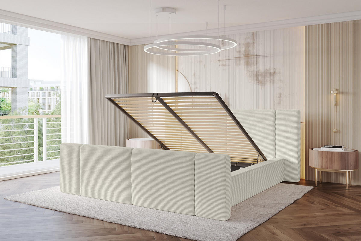 POLSTERBETT mit Bettkasten, Fußteil und Lattenrost, Bett mit Matratze H3/H4 - RIVO-Z 200x200 Creme - Sahara, Holzwerkstoff/Textil (200/200cm) - ALTDECOR