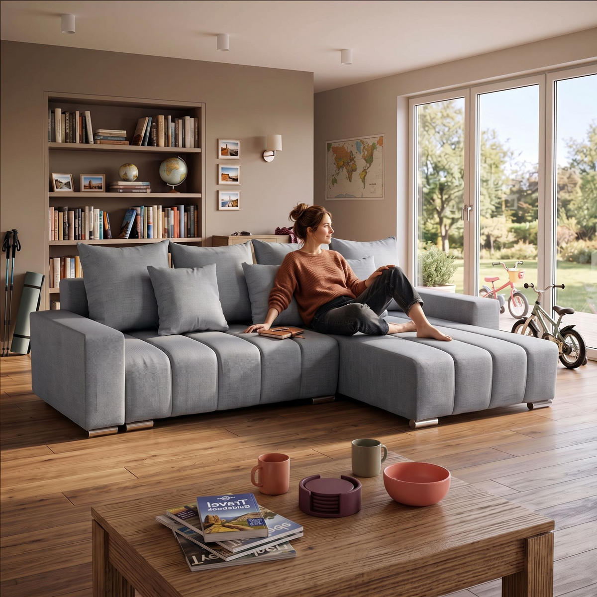 ECKSOFA Piano L Rechts mit Schlaffunktion 137x234 Velours Grau - Silberfarben/Grau, Holz/Textil (178/278cm) - Muffo