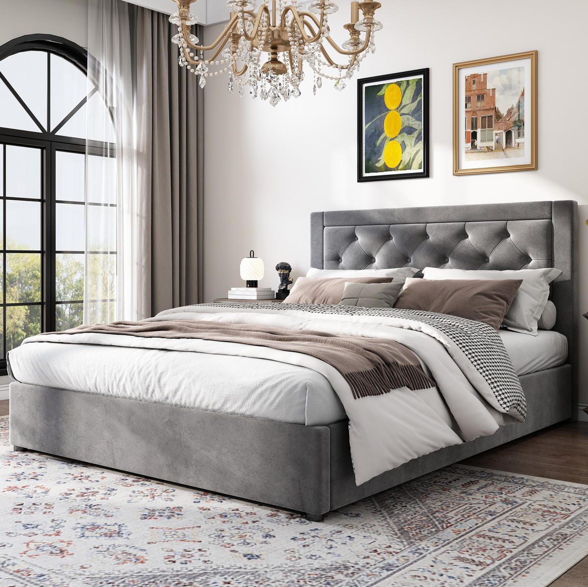 POLSTERBETT aus Samt & Stahl 140x200 cm in Grau mit Stauraum - Grau, Metall (140/200cm) - Modfu