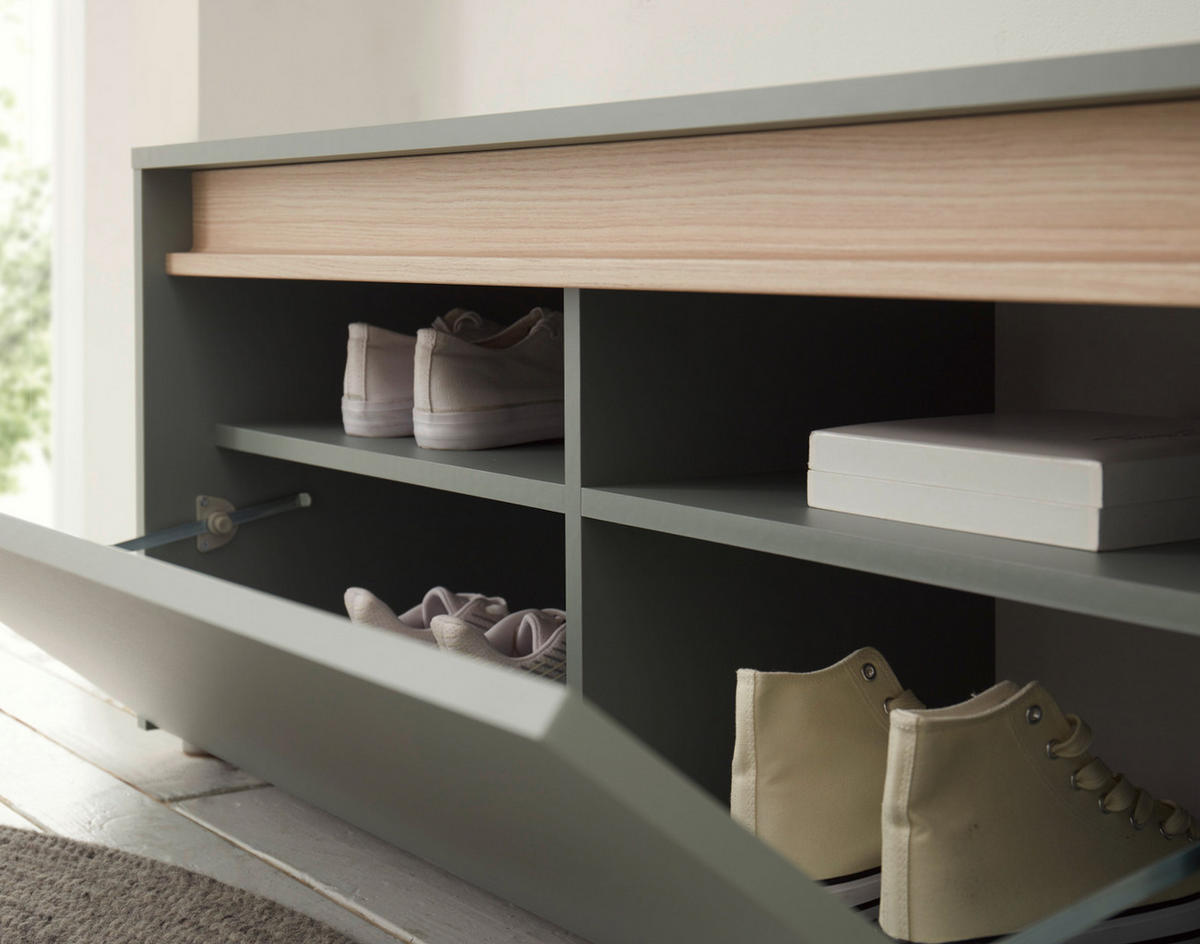 GARDEROBENBANK Salbei grün und Eiche, Schuhbank mit 4 Fächern, Breite 100 cm - Salbeigrün/Eichefarben, Holz/Holzwerkstoff (100/45/40cm) - Furn.Design