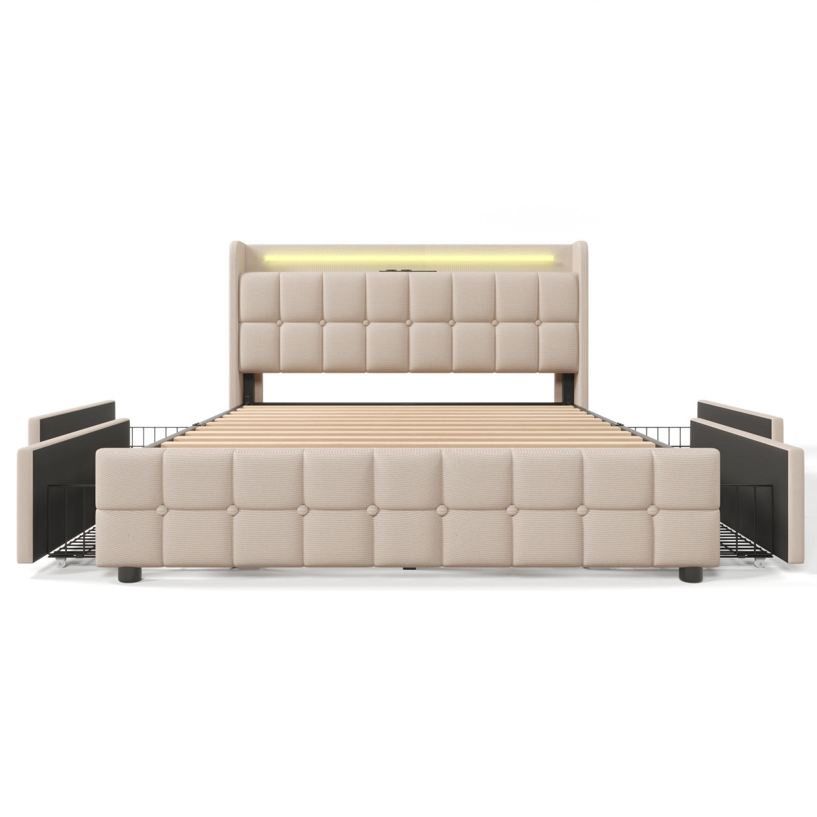 POLSTERBETT 180/200 cm, mit 4 Schubladen, LED-Beleuchtung, USB-Anschlüssen, Lattenrost, Leinen, Beige - Beige, Holzwerkstoff (180/200cm) - Brevoria