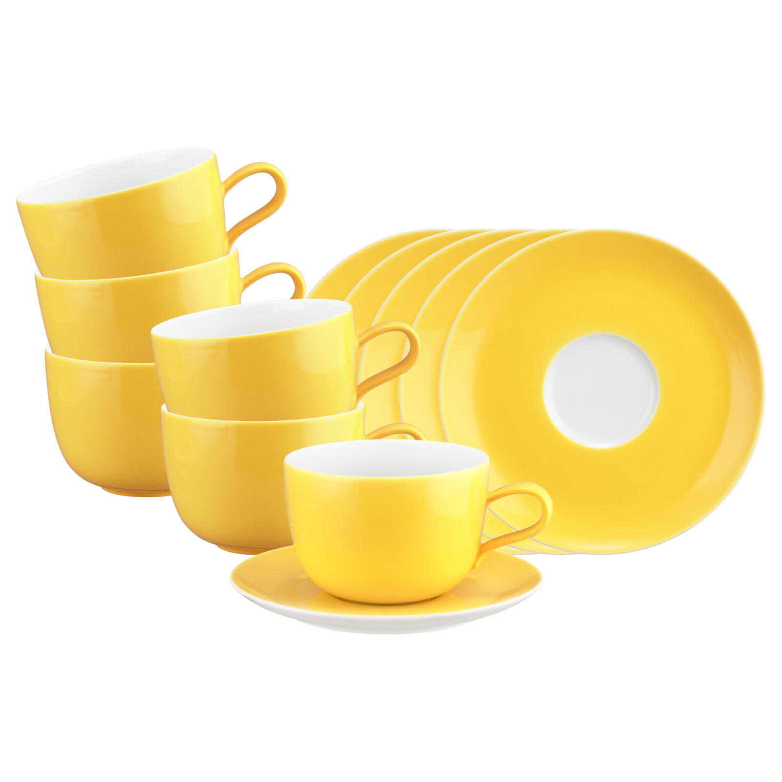 MILCHKAFFEETASSEN MIT UNTERTASSEN Liberty Pure Colors Yellow Glow 380 ml 6er Set - Gelb, Keramik (0.38L) - Seltmann Weiden