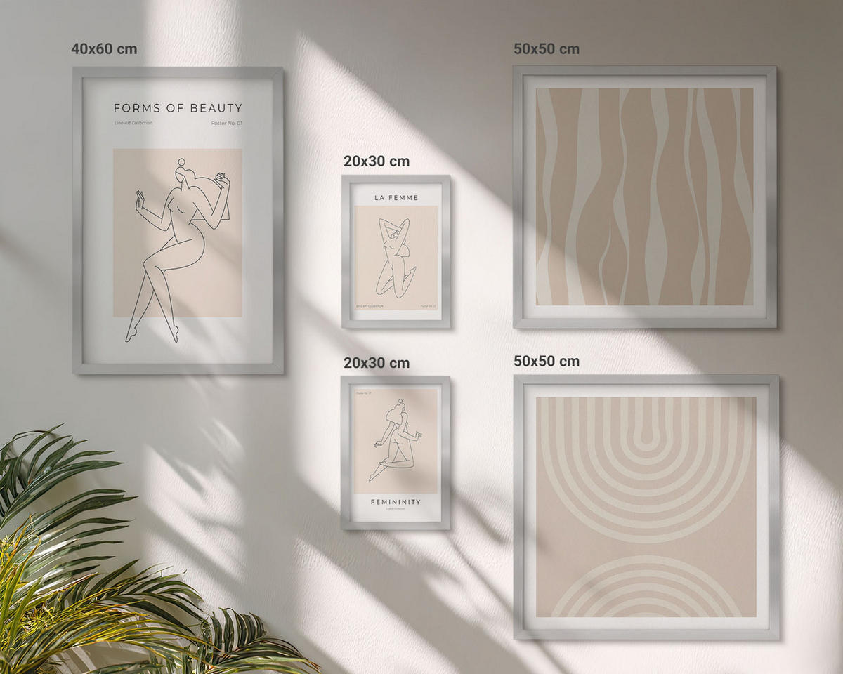 WANDBILDER 5er Set - 50x50 cm & 20x30 cm & 40x60 cm Silberner Rahmen - Eine Sammlung minimalistischer Formen - Silberfarben, Kunststoff (40/60cm) - ArtPrintCave