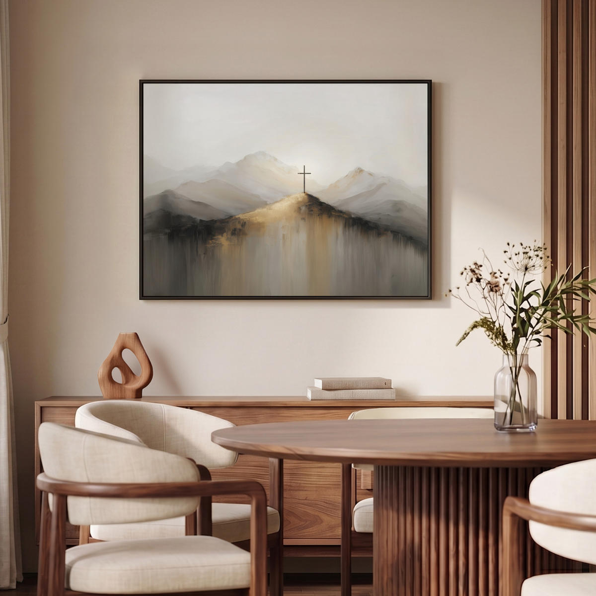 LEINWAND Bilder mit Rahmen - Hügel - Abstrakt - Kreuz - Christentum - 100x70 - Beige, Textil (100/70cm) - MuchoWow