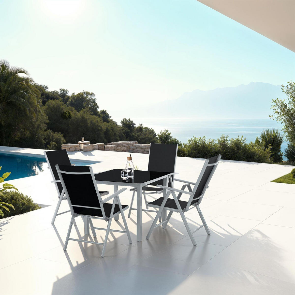 ALUMINIUM SITZGRUPPE Stabia, Tisch mit Sicherheitsglasplatte und Ausgleichsschrauben, silber - Silberfarben, Naturmaterialien/Kunststoff - tectake