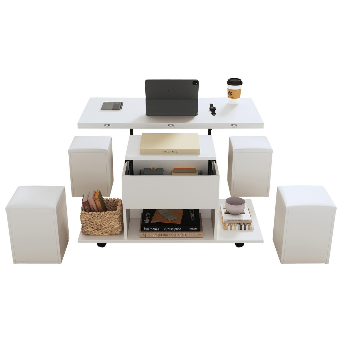 COUCHTISCH Weiß 100/100/63,5 cm höhenverstellbar mit 4 Hockern - Weiß, Holzwerkstoff (100/100/63.5cm) - PANGIVO