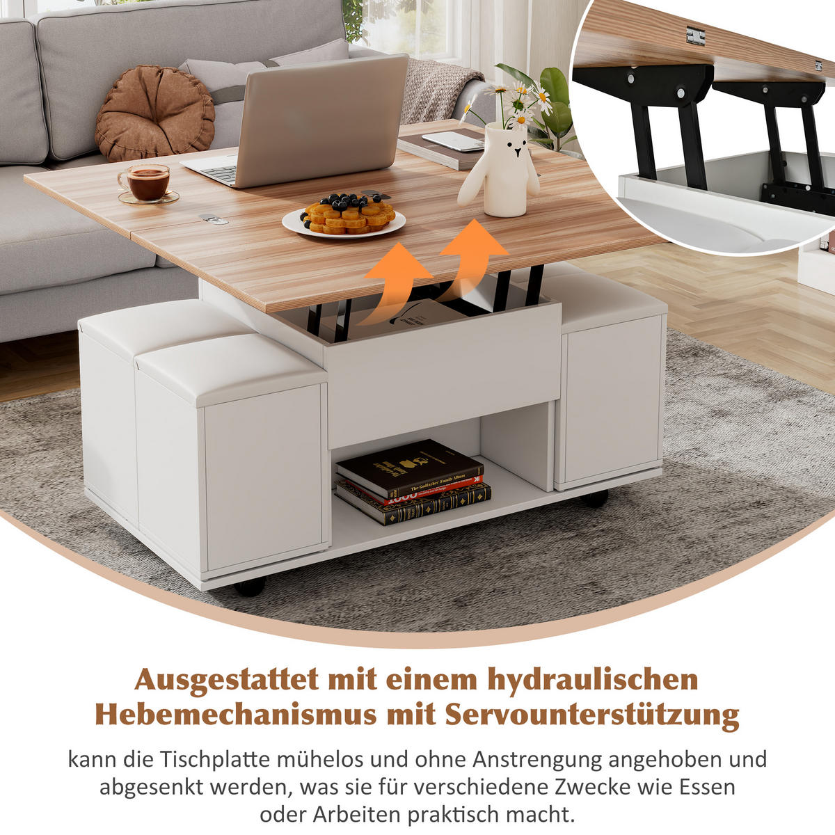 COUCHTISCH DE-37089 mit Lift-Top und 4 Hockern Weiß/Natur - Weiß, Holzwerkstoff (100/100/63.5cm) - ComfortXL