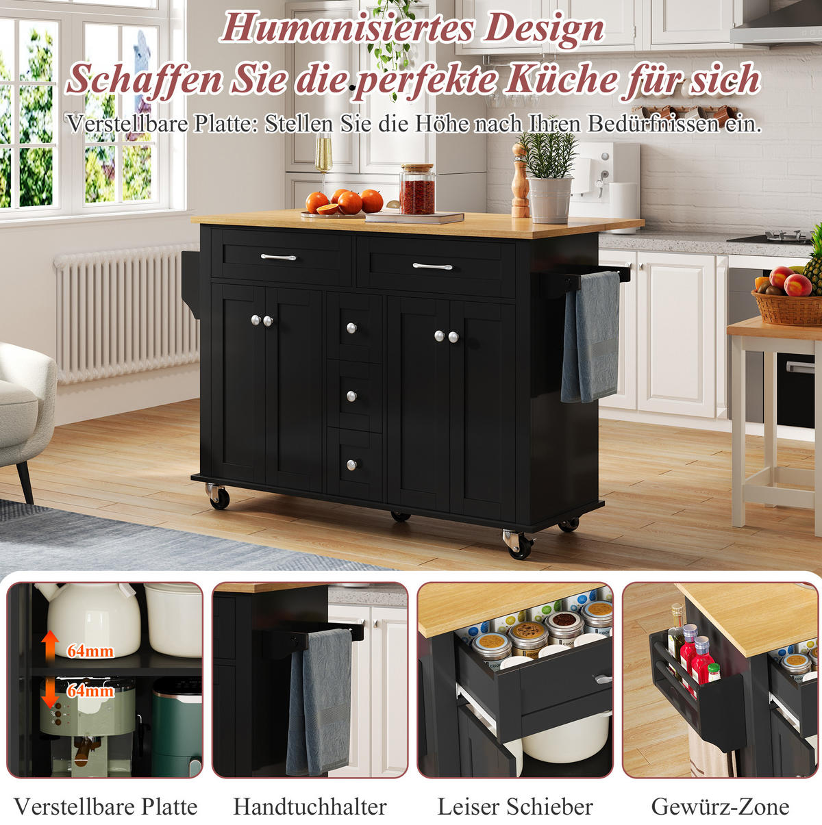 KÜCHENINSEL 140/89/40 cm Schwarz/Natur aus MDF mit ausklappbarer Arbeitsplatte - Schwarz, Holzwerkstoff (65/89/140cm) - OKMYHOME