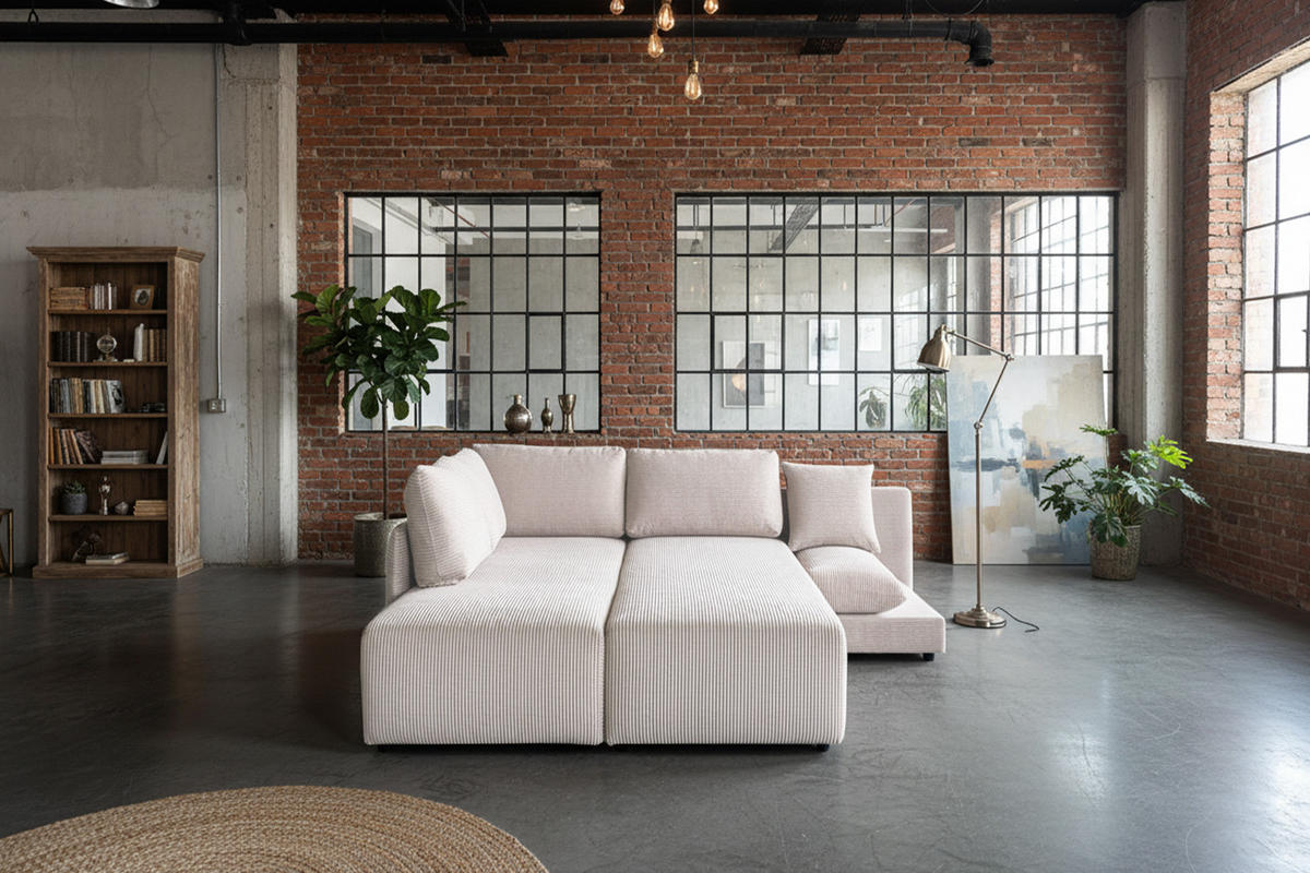 SCHLAFSOFA SADIRA Cremeweiß Cord - Creme/Schwarz, Kunststoff/Textil (288/209cm) - KAWOLA