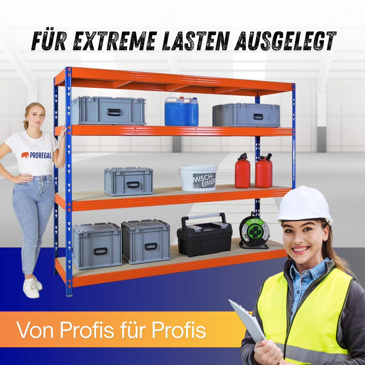 SCHWERLASTREGAL Rhino 180x240x60cm, 4 Spanplatten-Ebenen 8mm, Fachlast 450kg, Blau/Orange - Orange, Metall (240/180/60cm) - PROREGAL