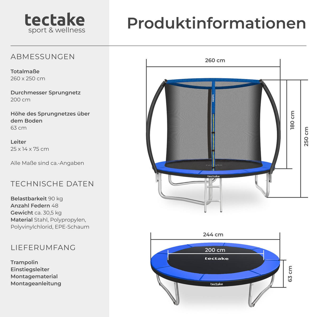 TRAMPOLIN Jumpy, inklusive Einstiegsleiter, schwarz/blau - Blau/Schwarz, Metall (260/250/260cm) - tectake